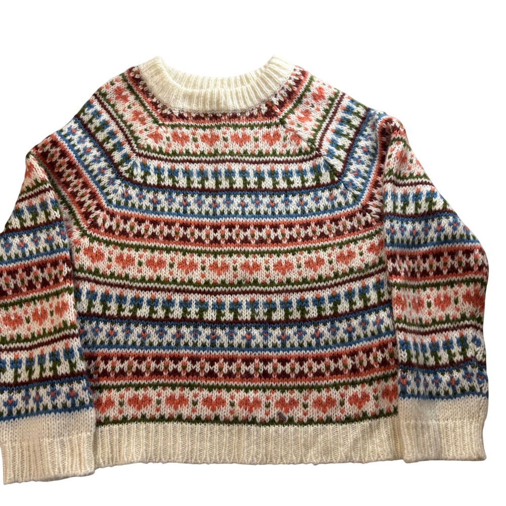 Simons Importation D'Italie Fair Isle Heart Knit Sweater Crm/Multi L Cottagecore